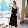 U-neck low chest button slit fishtail A-line skirt with Hip Wrap Skirt Lace Long Sleeve Dress