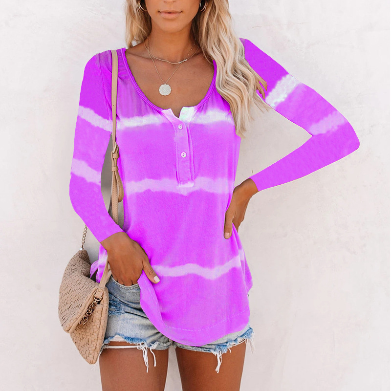 Tie-Dye Print Button Long-Sleeved Striped T-Shirt NSBTY62696