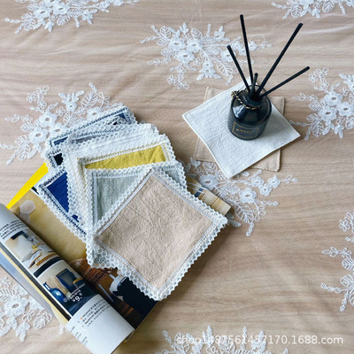 ins蕾丝棉麻杯垫纯素色双层茶杯垫现代简约方形小隔热垫餐布背景|ms