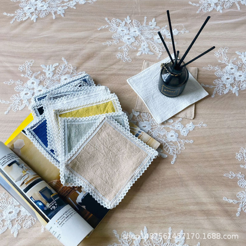 ins蕾丝棉麻杯垫纯素色双层茶杯垫现代简约方形小隔热垫餐布背景|ms