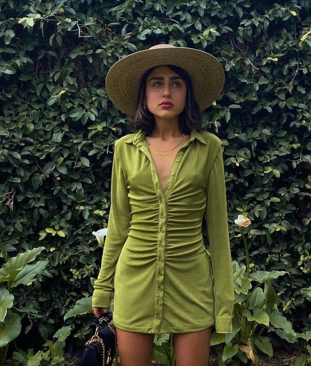 2020秋季新款 ins博主欧美复古天鹅绒翻领单排扣褶皱衬衫连衣裙女