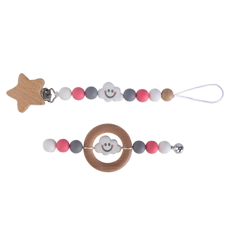 Anillo de haya creativo para niños con mordedor de juguete Bell nube de dibujos animados cadena de pezón molar de silicona traje de cadena anti-caída