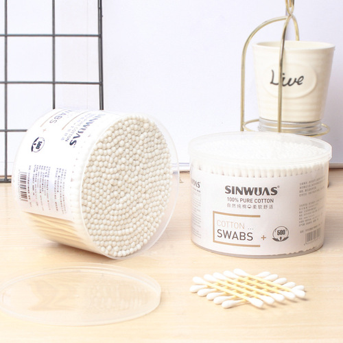 Large bucket of family pack of 500 cotton swabs, round box of disposable cotton swabs, double-ended ear-picking cotton swabs