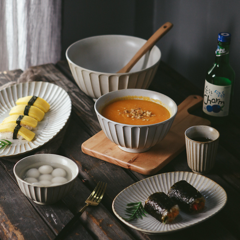 Creative Internet Celebrity Dinner Bowl and Dish Set Household Tableware Japanese Style Retro Modern Simple One-person Dinner Coarse Pottery Combination