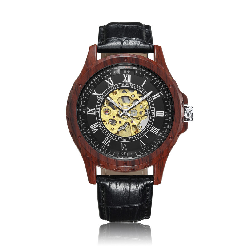SEWOR hombres de negocios reloj mecánico automático de madera correa de cuero hueco transparente inferior mecánico reloj de madera maciza 001