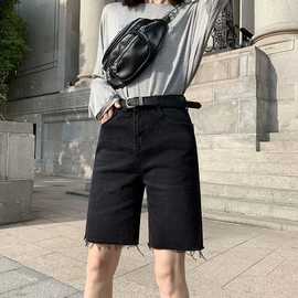 五分牛仔短裤女夏季2022年新款ins潮高腰宽松黑色港味直筒5分中裤