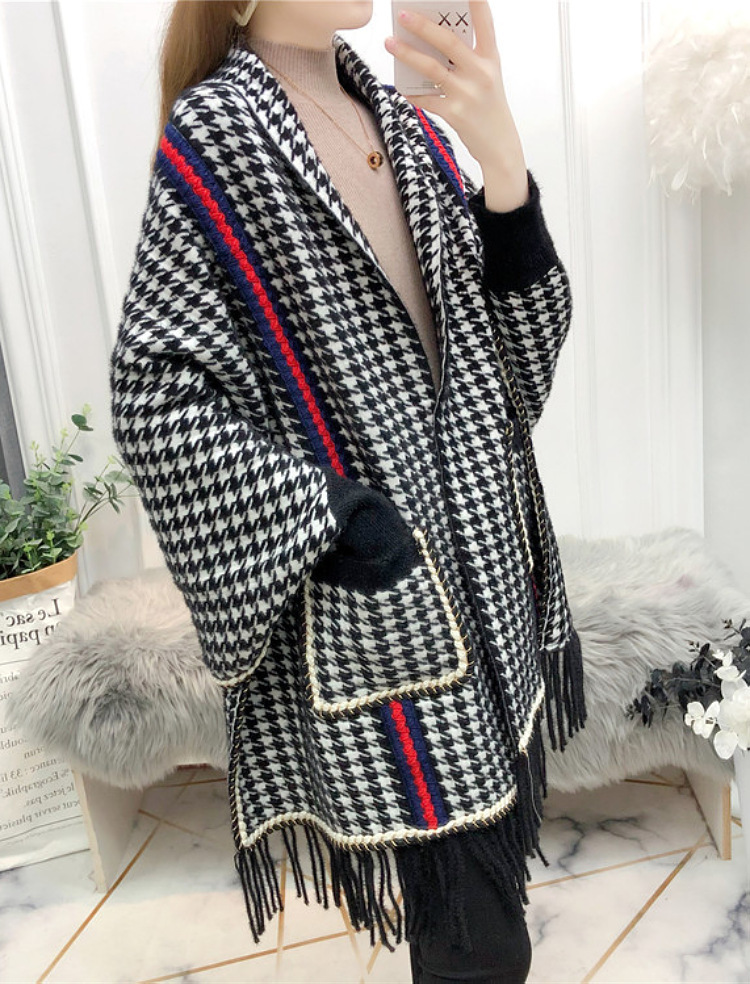 千鸟格貂绒带袖披肩