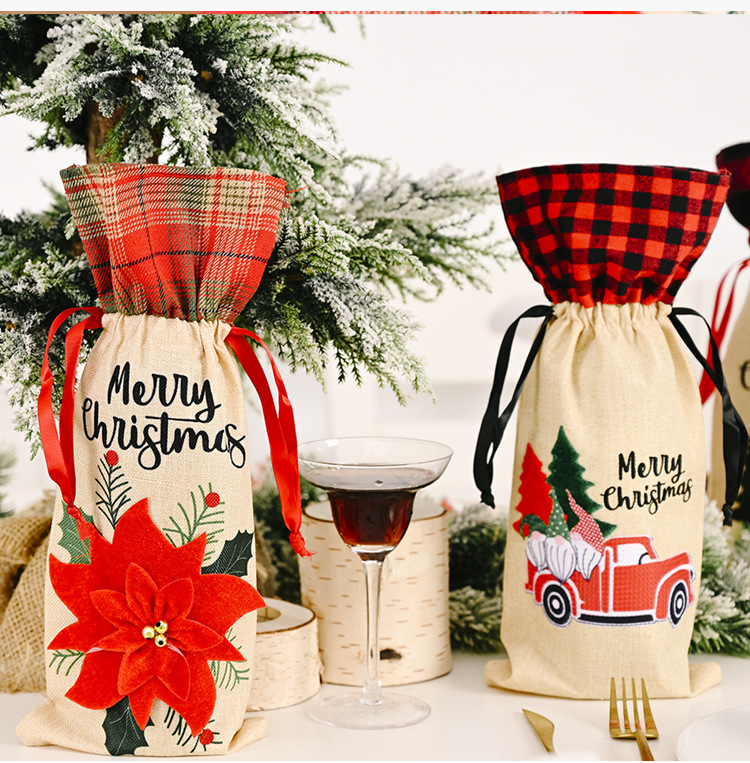 Christmas Linen Wine Bottle Cover Red Flower Wine Cover Lattice Car Wine Bottle Bag display picture 5