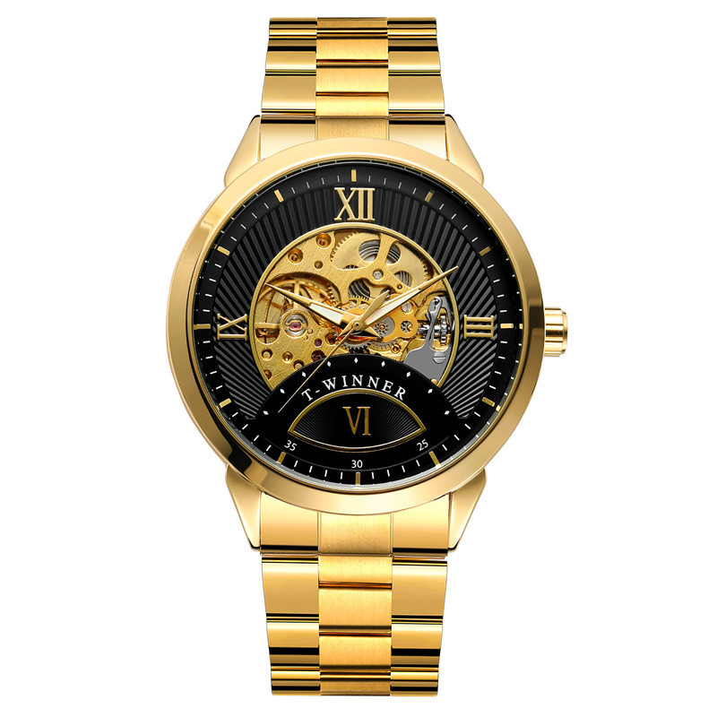 Winner8183 reloj mecánico automático para hombres reloj mecánico de negocios correa de acero reloj mecánico de fondo transparente hueco