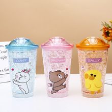 創意禮品卡通可愛冰杯 創意雙層塑料杯 漸變女生吸管杯夏日碎冰杯