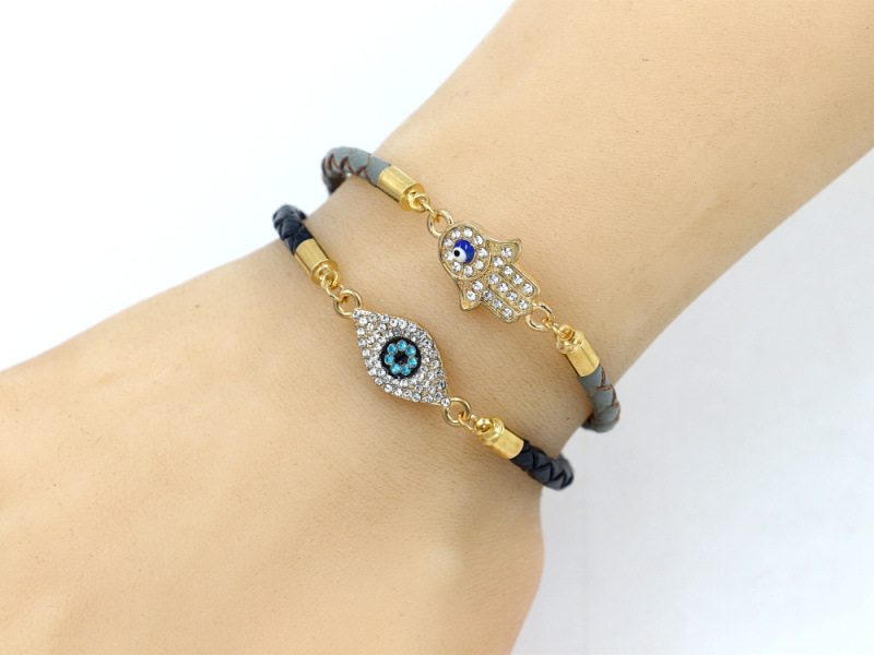 New Diamond-encrusted Eyes Palm Woven Leather Rope Couple Bracelet display picture 11
