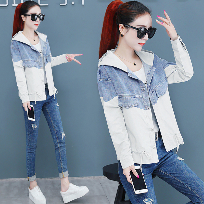 牛仔连帽拼色外套女士春秋潮2020年新款秋装二八月短款风衣宽松|ms