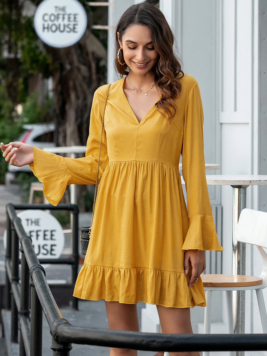  solid color V-neck fashion flared sleeve dress NSAL1976