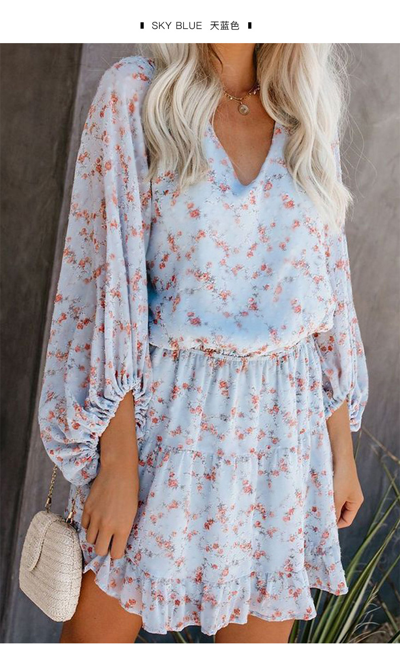 autumn new floral lantern sleeve waist printing long-sleeved v-neck women s dress NSSI2443