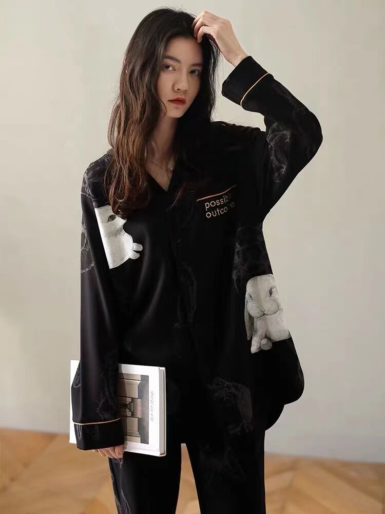 Pijamas de las mujeres de primavera y otoño 100% algodón de manga larga internet celebridad cardigan negro ropa de casa traje de verano 2022 nuevo