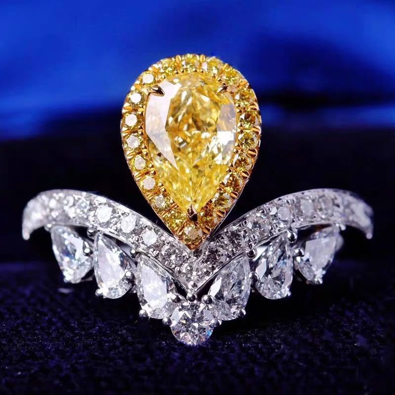 Shake Voice Live Explosions Luxury Water Drop Pear-shaped Asce Yellow Diamond Ring Platinum Plated Engagement Ring