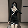 Sexy V-neck style slim fit irregular pleated hip dress