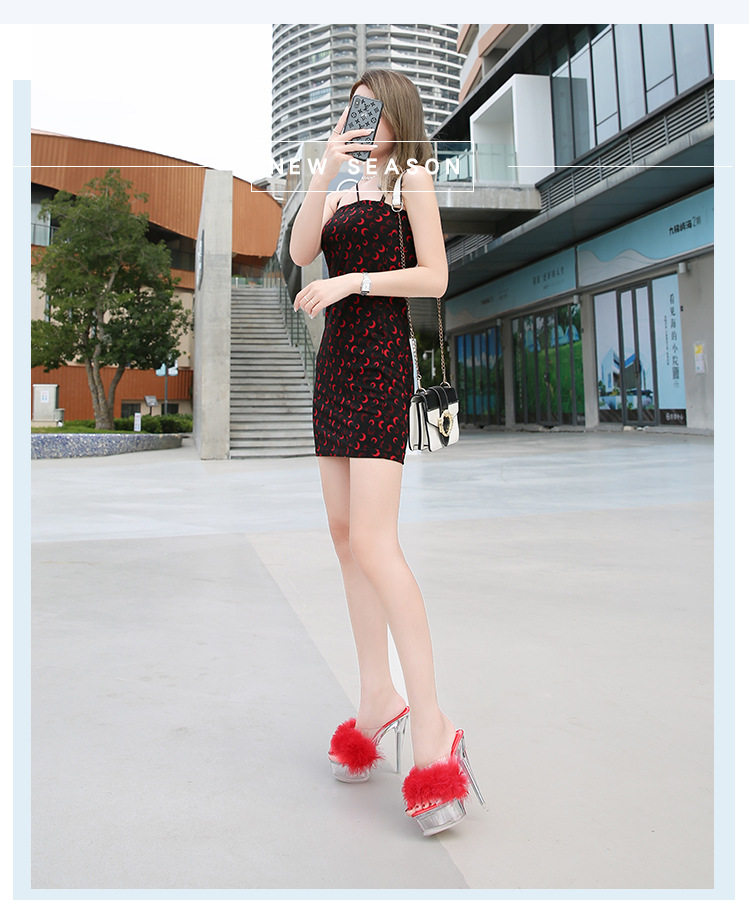 Dép sandal nữ gót nhọn siêu cao phối lông, quai trong suốt pha lê, mũi hở — Màu hồng, Màu trắng, Màu đen, Màu đỏ chi tiết 2