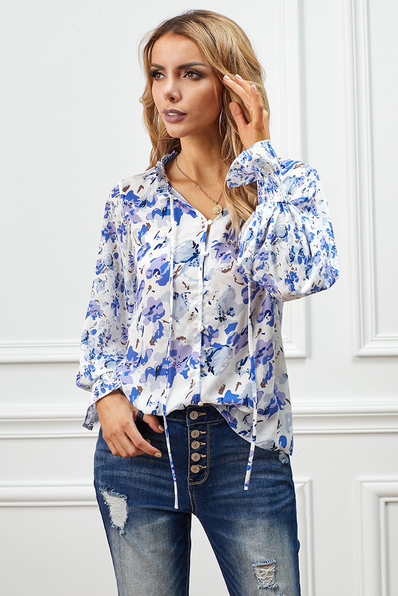 Autumn long-sleeved v-neck button floral chiffon top nihaostyles wholesale clothing NSQSY92647