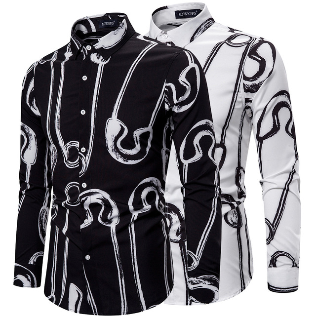 Spring men’s wear European and American pin printed long sleeve shirt