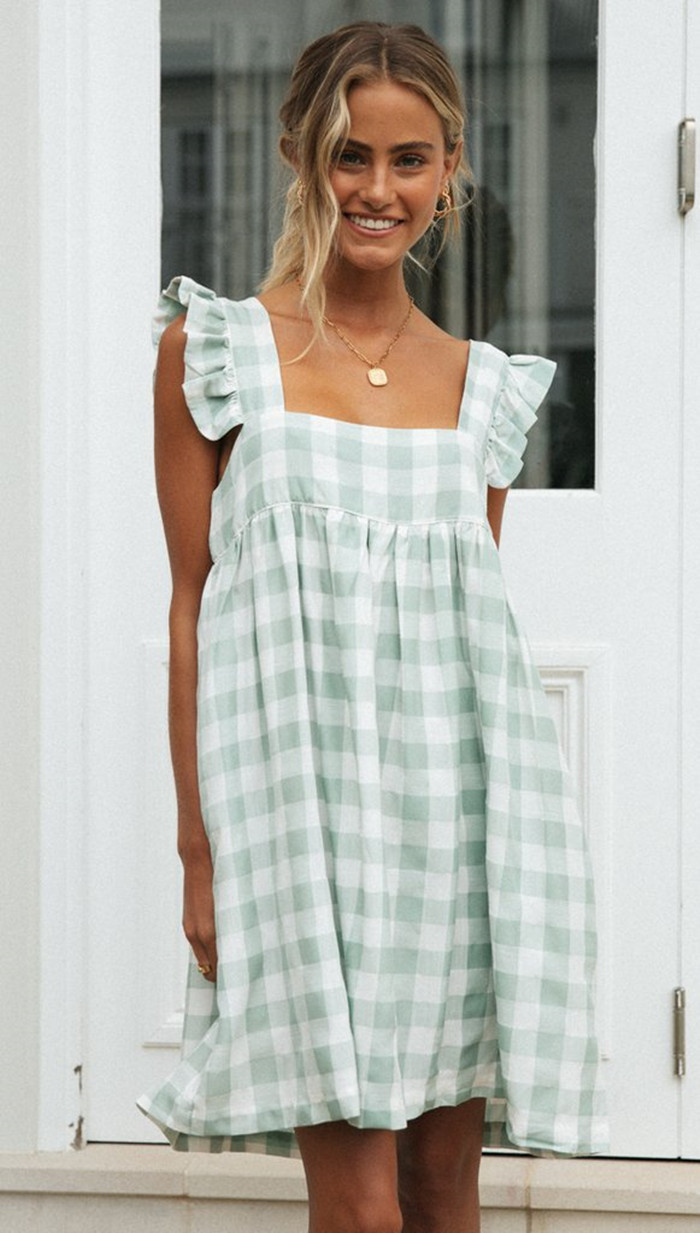 ruffle sling square neck backless loose plaid dress NSJKW133793