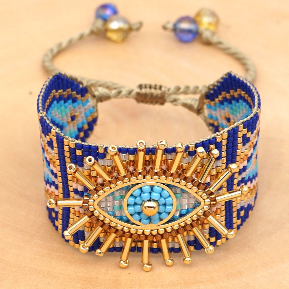 12g Weight No Inlaid Inlay Material Bracelets Classification Anniversary, Business, Travel Occasion Eye Pattern Unisex Gender Knitting Design Fashion Style European And American New Miyuki Rice Beads Hand-woven Turkish Devil Eyes Personality Stacking Wide Bracelet 14