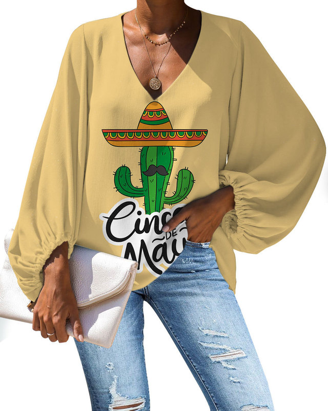 Mexican cactus printed long sleeve loose waist chiffon stitching dress set