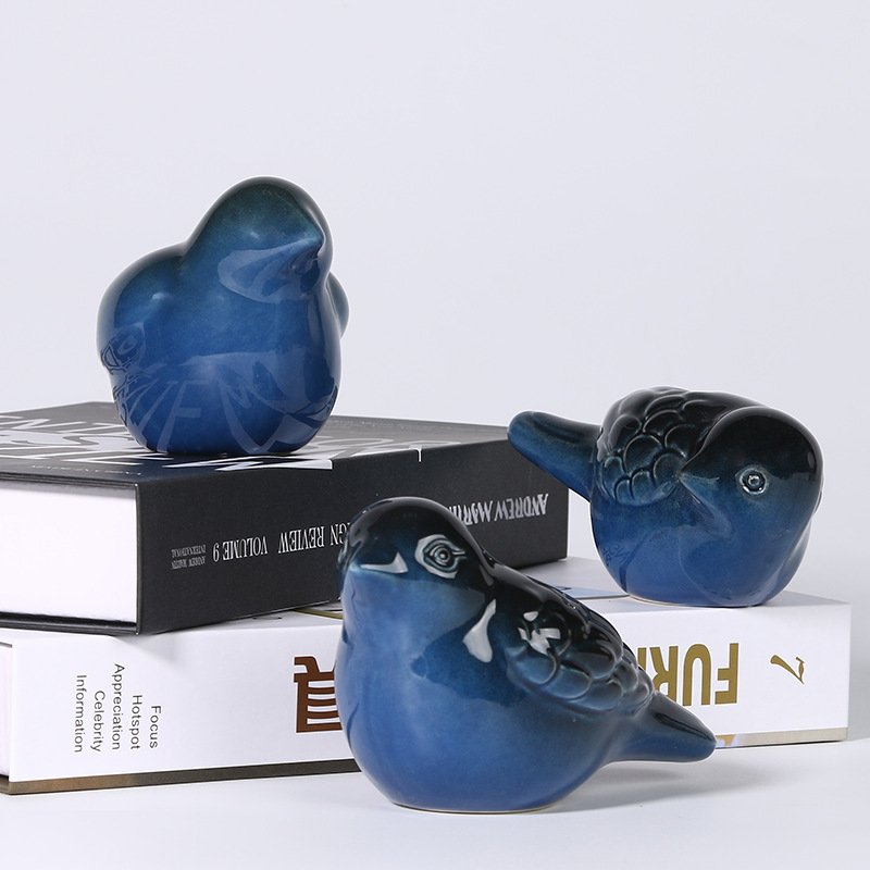 创意蓝色窑变陶瓷小鸟摆件现代简约客厅家居软装饰品桌面摆设|ru