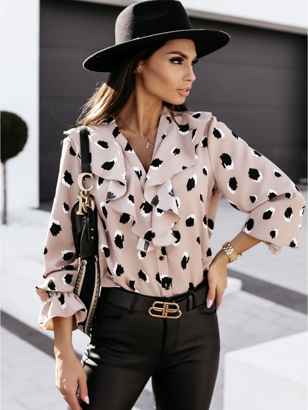 hot sale autumn and winter V-neck ruffle button long-sleeved printed shirt top NSYD3713