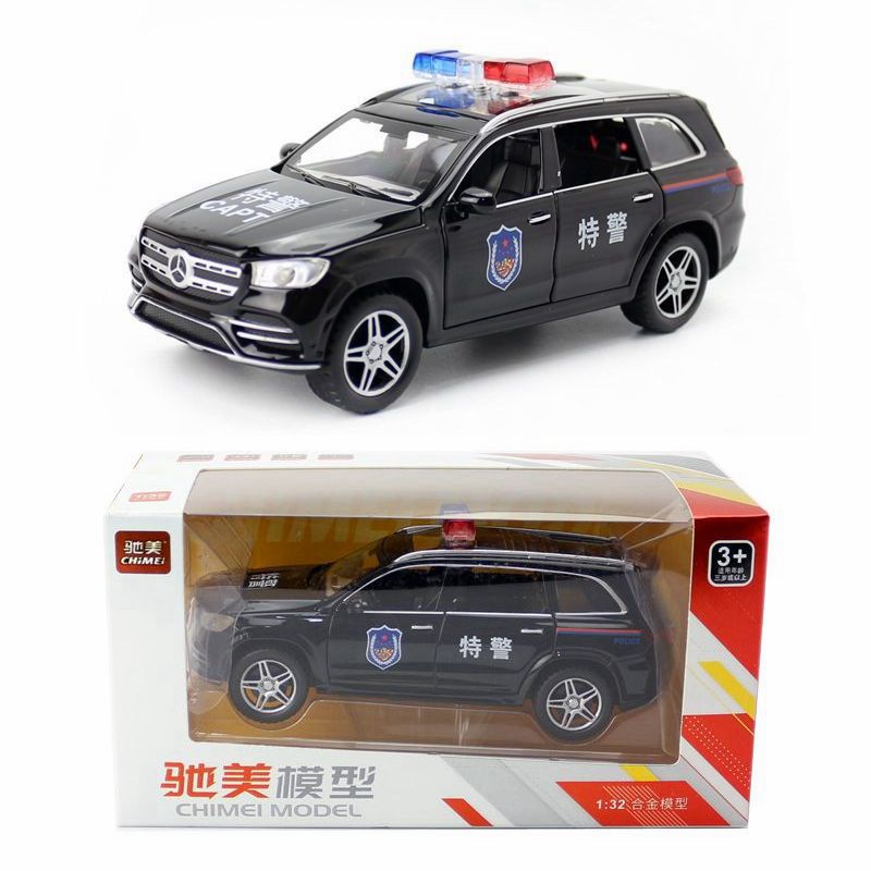 驰美合金模型1:32奔驰GLS 580警车SUV回力声光开门儿童玩具盒装