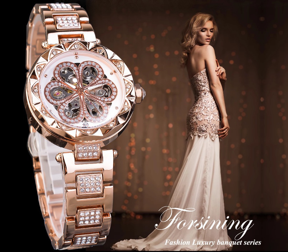 Women's Rhinestone Skeleton Mechanical Watch Automatic Waterproof_voghion.com