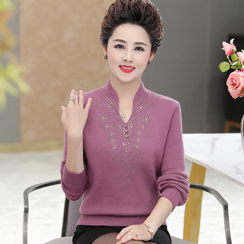 Middle and old age Women's wear Autumn and winter Base coat fashion Cheongsam collar Sweater Large Long sleeve Mom outfit 50-65 Years old wear