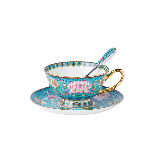 New Chinese-style court imperial porcelain enameled coffee cup and saucer with lotus pattern, bone china coffee mug, flower tea cup and saucer