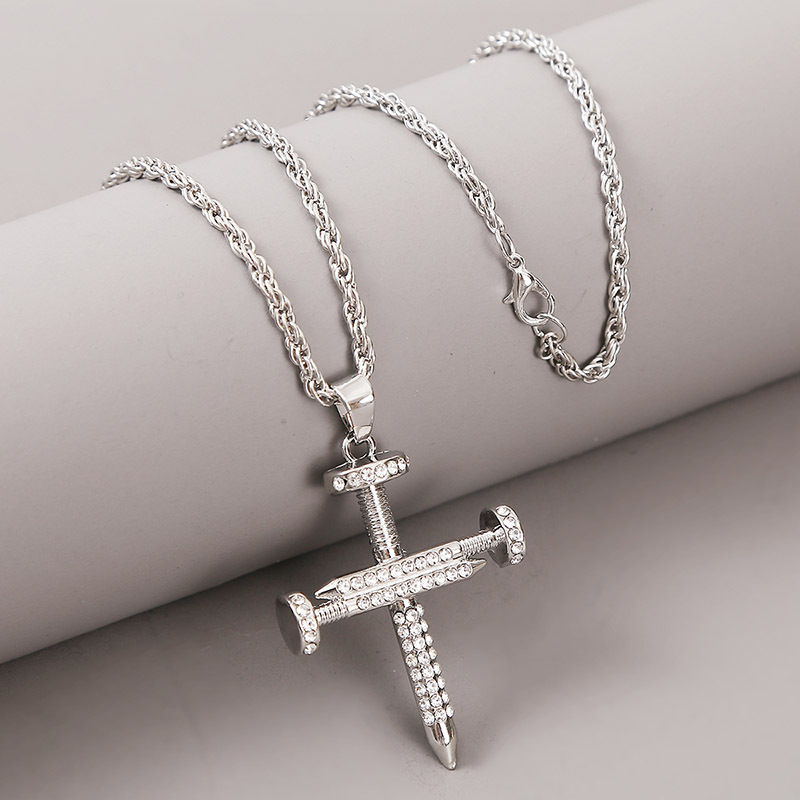 Exaggerated Nail-shaped Rhinestone Cross Hip-hop Necklace Neutral Long Pendant Wholesale Nihaojewelry display picture 8