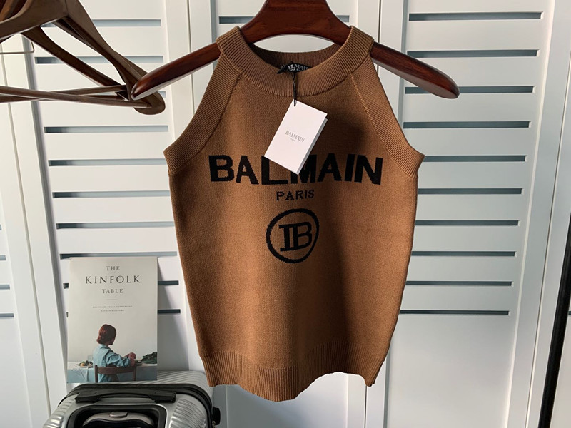 New Balmain Knitted Jacquard Letter Curry Small Vest T-shirt for Women