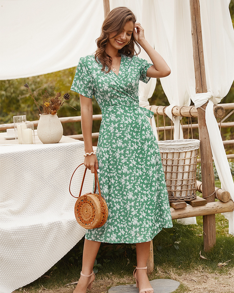 women s spring and summer floral slim short-sleeved dress NSKA1040