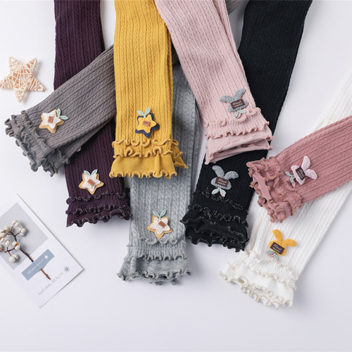 2020 Spring and Autumn Three-layer Fungus-edged Bright Silk Jewelry Children's Nine-Point Pants, Two-Purpose Baby Leggings