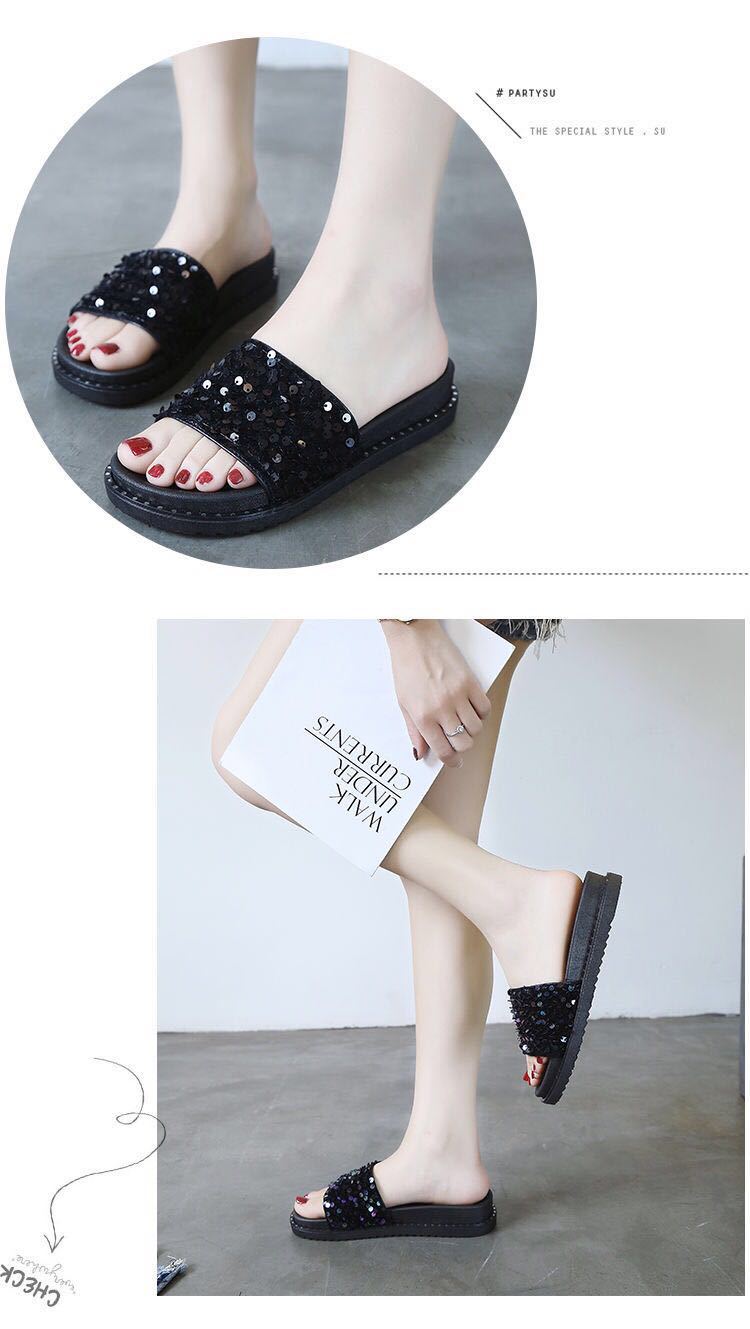 Pailletten-Mode-Hausschuhe für Damen, Sommer, koreanische Muffin-Schuhe mit dicken Sohlen, Oberbekleidung im neuen Stil, koreanischer flacher Boden, einzeilige Hausschuhe, Studenten_voghion.com