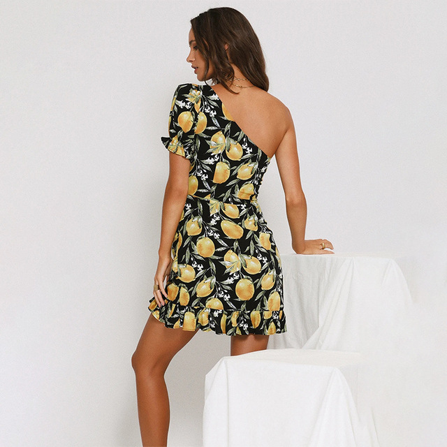 Lemon print Ruffle Skirt with ruffle and sexy shoulder design dress