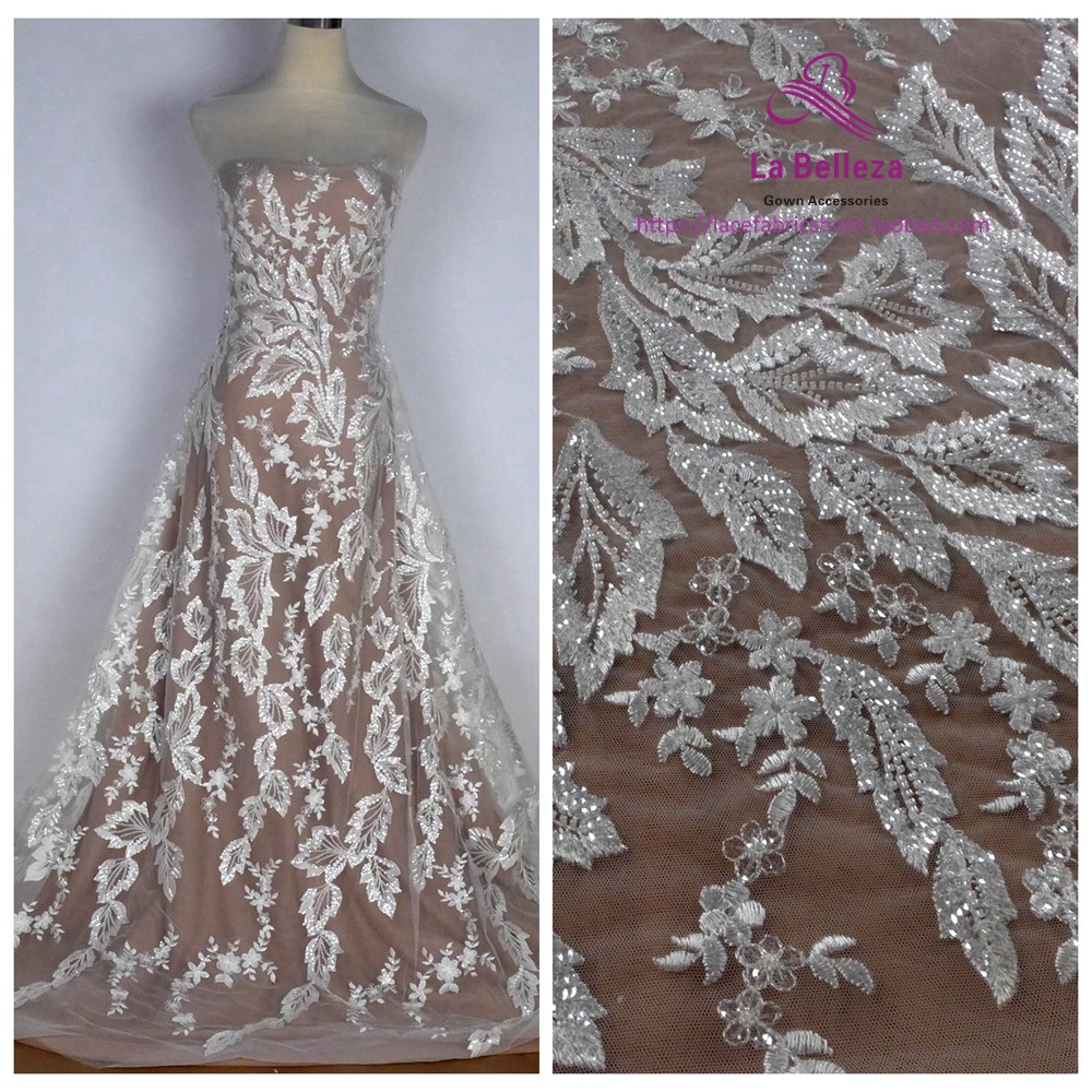 银色网底亮片刺绣布料 网纱米珠绣花蕾丝布 婚纱礼服面料女装面料
