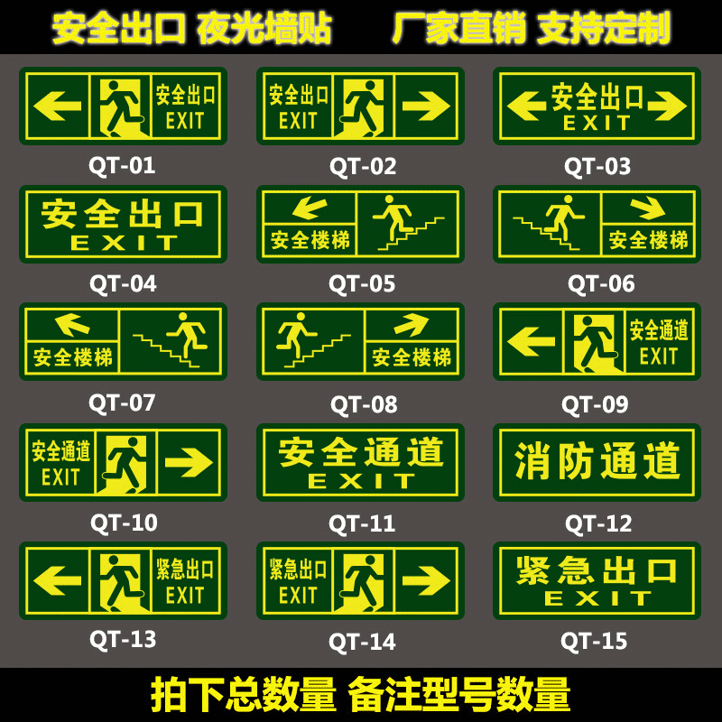 安全出口指示牌夜光墙贴楼梯通道疏散应急紧急逃生标志自发光贴纸