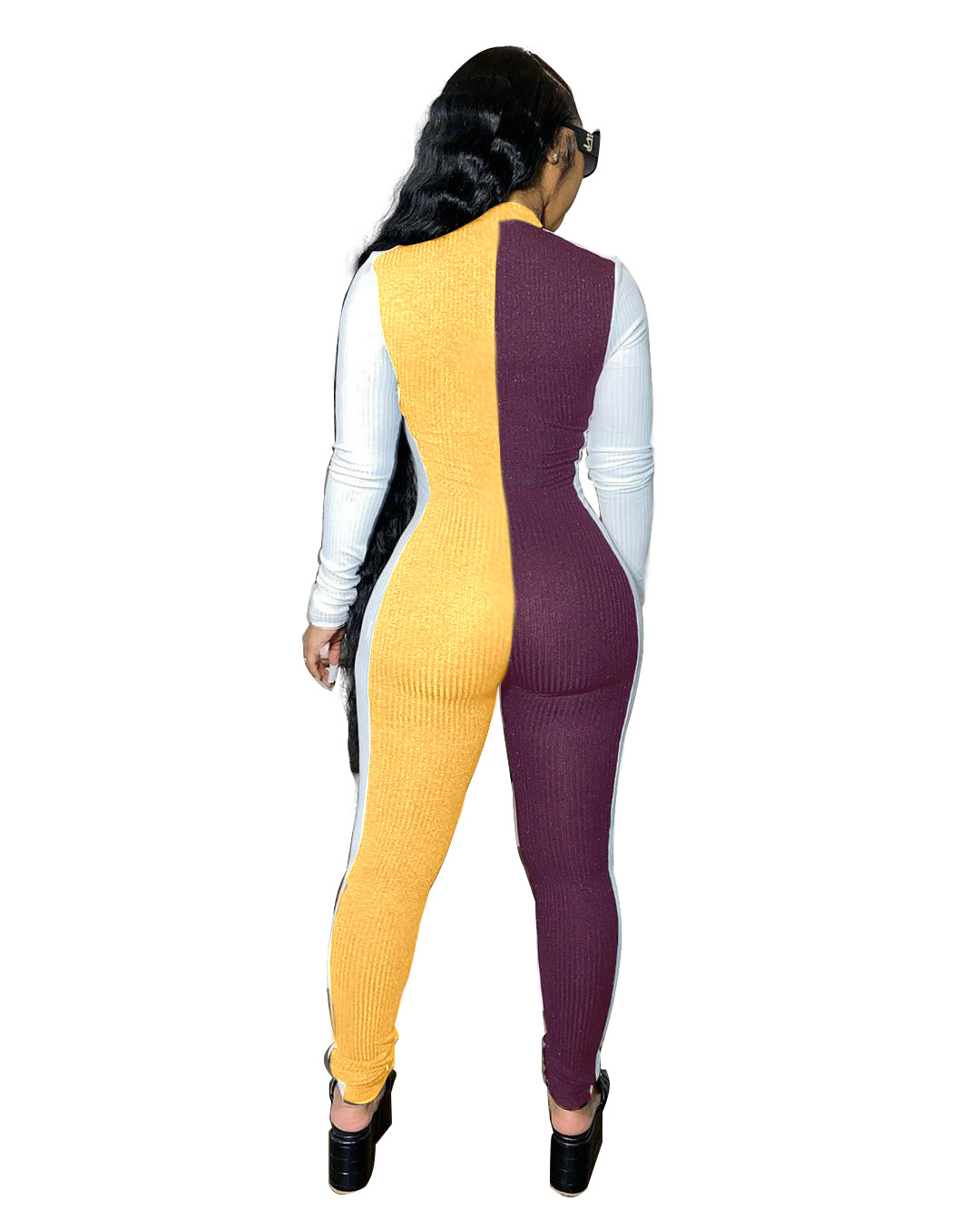 Women Wholesale Deep V-neck Striped Color Block Skinny Jumpsuit