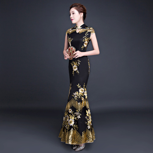 Black gold lace retro Chinese dress oriental qipao for women girls cheongsam model show miss etiquette host singers mermaid skirts fishtail gown stage performance