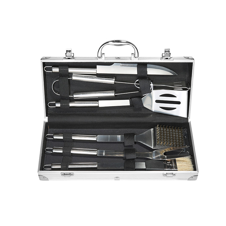 Fábrica directa barbacoa herramientas traje de acero inoxidable tubo mango barbacoa utensilios portátil caja de aluminio 6 piezas parrilla