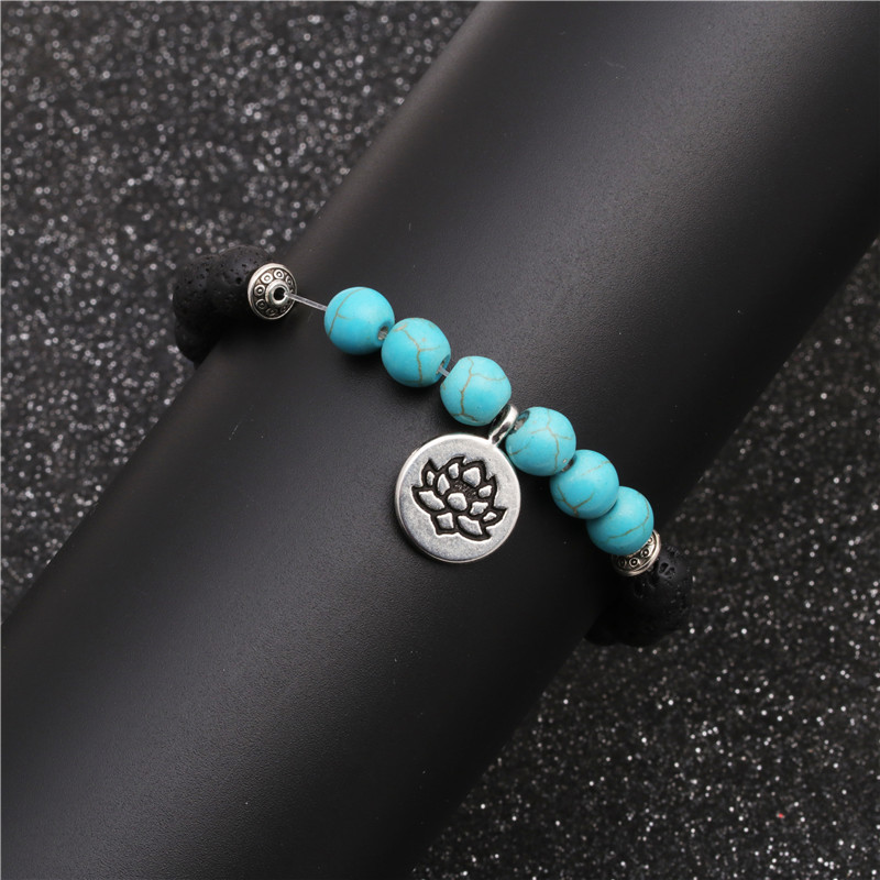 Volcanic Stone Lotus Bracelet Men&#39;s Beaded Flame Stone Blue Turquoise Bracelet display picture 5