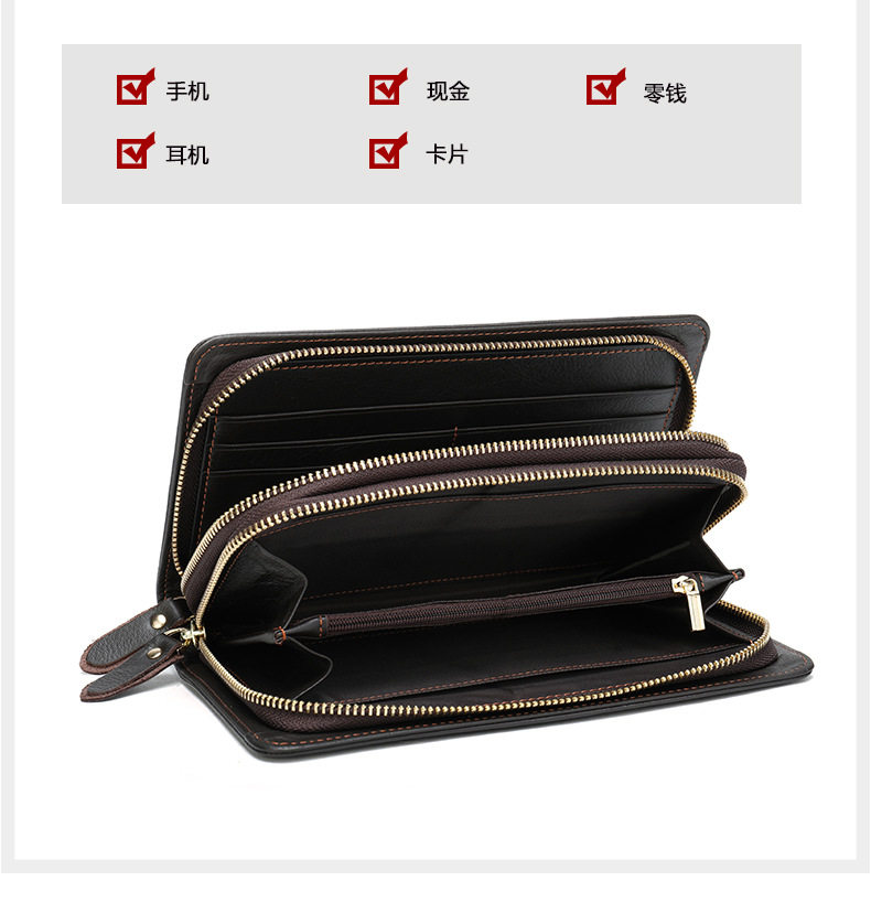 Ví nam da bò thật dáng dài kiểu clutch có khóa kéo hai lớp và ngăn đựng tiền xu — Cà phê/khóa kéo đơn, Màu Đen/khóa kéo đơn, 9013 màu đen, Cà phê 9013 chi tiết 12