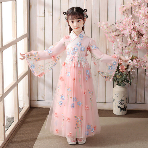 Kids Pink blue fairy hanfu dresses for girls  children ancient costume Ru fairy fine gauze skirt girl children's wear autumn clothes