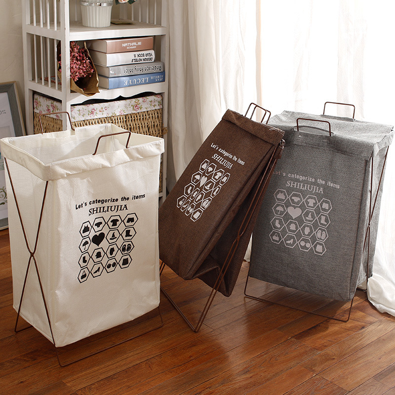 Waterproof cotton linen laundry basket laundry basket clothes storage basket Japanese simple iron bracket fabric folding laundry basket bucket