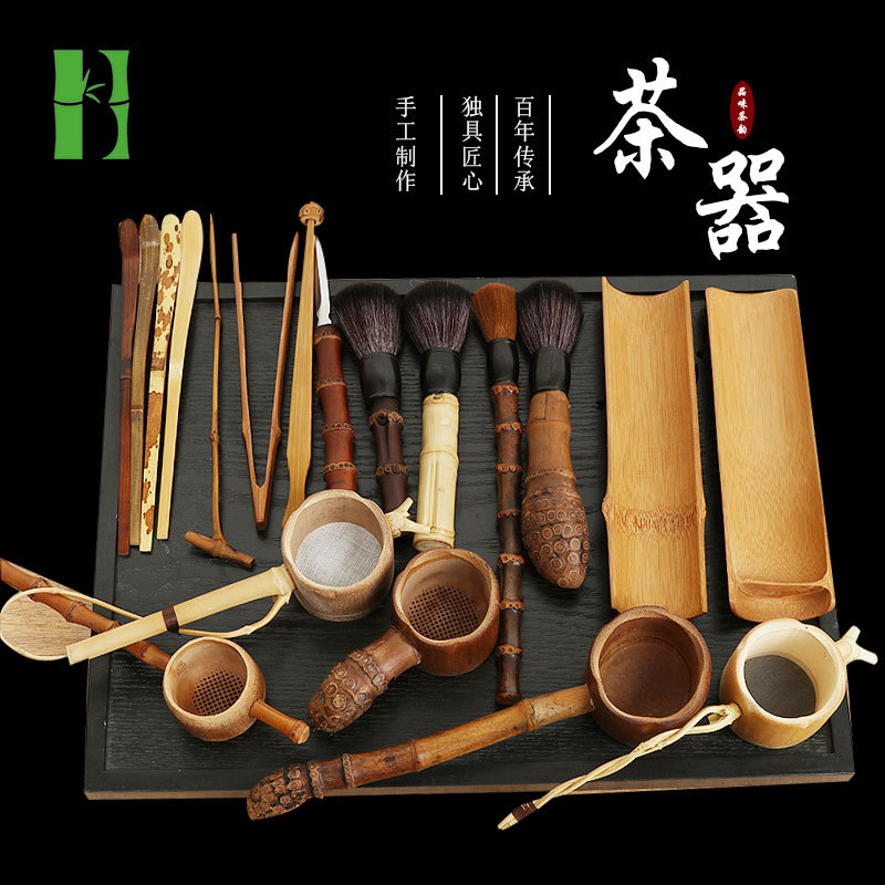 China viento bambú máquina de té seis jinzi bambú agujas de té cepillo de té clip de té cucharada de té botella de bambú personalizada al por mayor