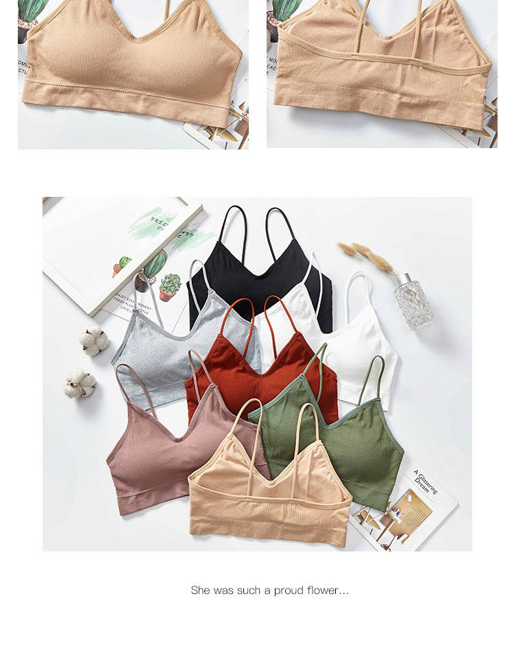 Threaded halter, beautiful back, chest wrap, fine shoulder strap, comfortable and breathable, solid-color underwear with chest pad, women's vest without steel ring detail image 13